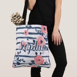 Preppy Peach Pink Floral Navy Stripe Personalised Tote Bag