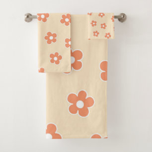 Preppy Peach White Hippie Flower Pattern Bath Towel Set
