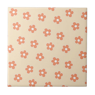 Preppy Peach White Hippie Flower Pattern Ceramic Tile