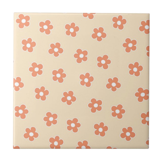 Preppy Peach White Hippie Flower Pattern Ceramic Tile (Front)