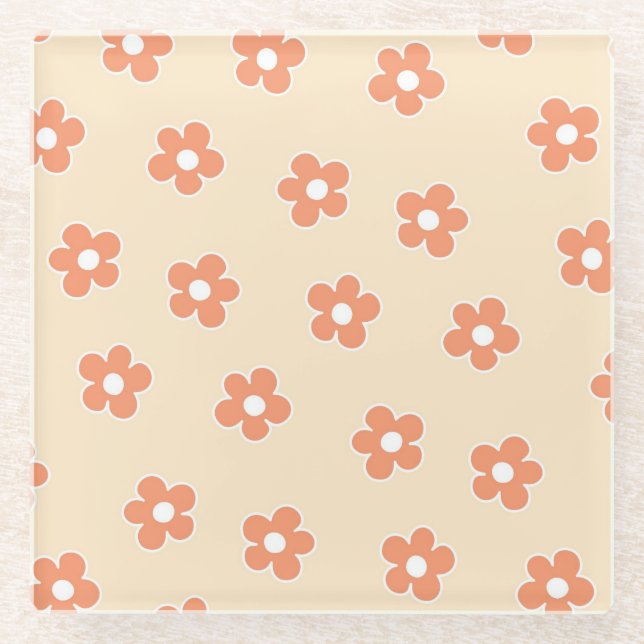 Preppy Peach White Hippie Flower Pattern Glass Coaster (Front)
