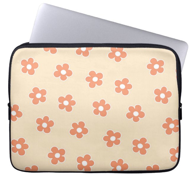 Preppy Peach White Hippie Flower Pattern Laptop Sleeve (Front)