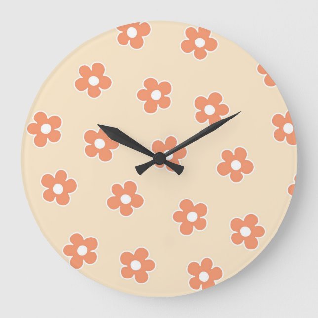 Preppy Peach White Hippie Flower Pattern Large Clock (Front)