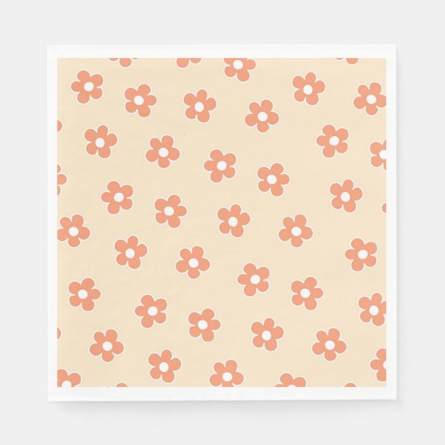 Preppy Peach White Hippie Flower Pattern Napkin (Front)