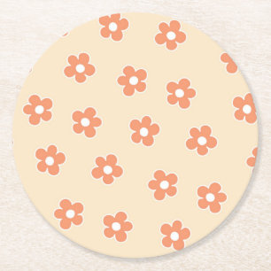 Preppy Peach White Hippie Flower Pattern Round Paper Coaster