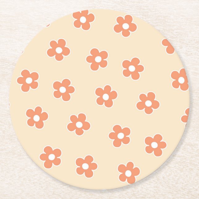 Preppy Peach White Hippie Flower Pattern Round Paper Coaster (Front)