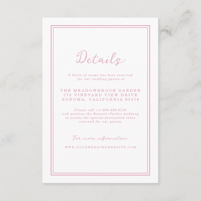 Preppy Peony Pink Chic Wedding Details Card (Front)