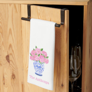 Preppy Personalised Pink Hydrangea Chinoiserie Tea Towel