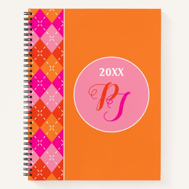 Preppy Personalised Sporty Pink and Orange Argyle Notebook (Front)