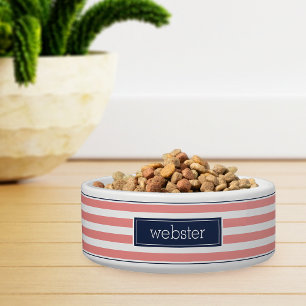 Preppy Personalized Coral & Navy Stripe Pet Bowl