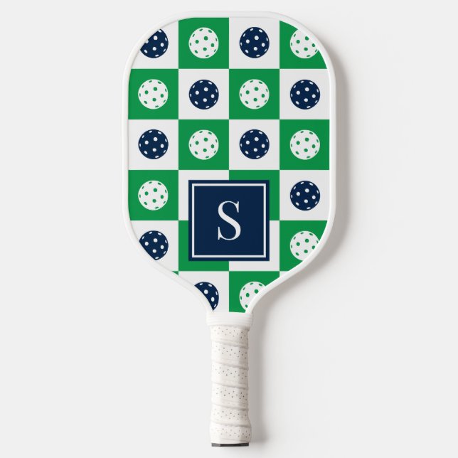 Preppy Pickleball Chequerboard - Green & Navy Paddle (Front)