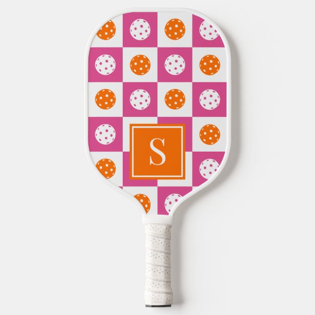 Preppy Pickleball Chequerboard - Hot Pink & Orange Paddle (Front)