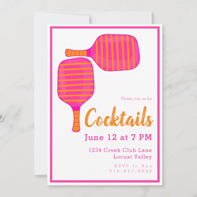 Preppy Pickleball Cocktail Party Pink Orange Invitation (Front)