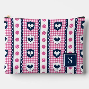 Preppy Pickleball Crest Gingham - Hot Pink & Navy Accessory Pouch