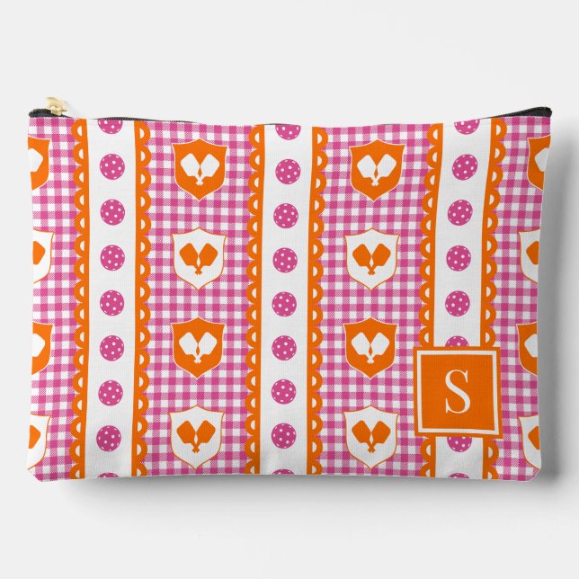 Preppy Pickleball Crest Gingham - Hot Pink Orange  Accessory Pouch (Front)