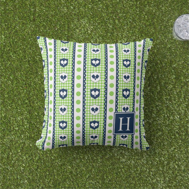 Preppy Pickleball Crest Gingham - Lime & Navy Cushion (Grass)