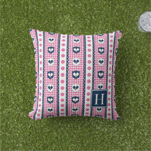 Preppy Pickleball Crest Gingham - Navy & Hot Pink Cushion