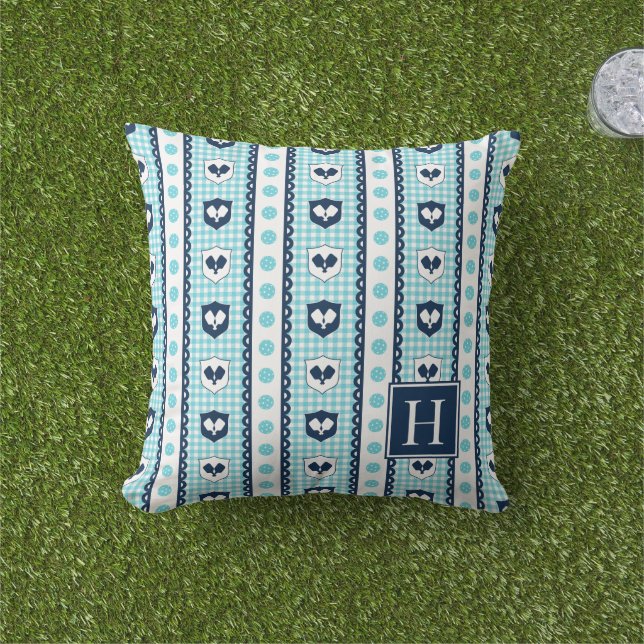Preppy Pickleball Crest Gingham - Navy & Turquoise Cushion (Grass)