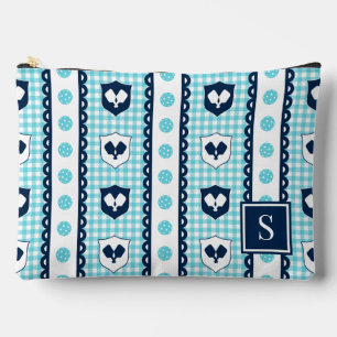 Preppy Pickleball Crest Gingham - Turquoise & Navy Accessory Pouch