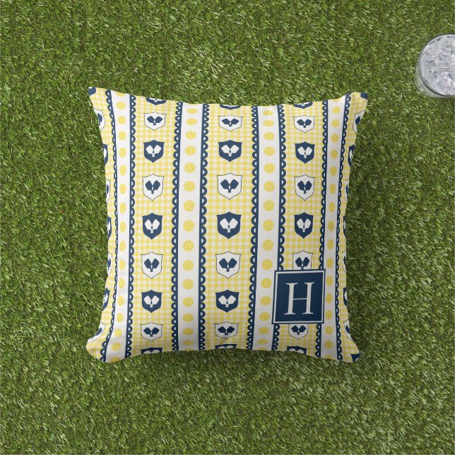 Preppy Pickleball Crest Gingham - Yellow & Navy Cushion (Grass)