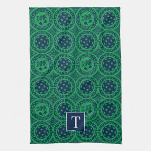 Preppy Pickleball Damask - Navy & Green Dink Tea Towel