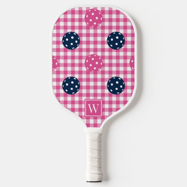 Preppy Pickleball Gingham - Hot Pink Navy Monogram Paddle (Front)