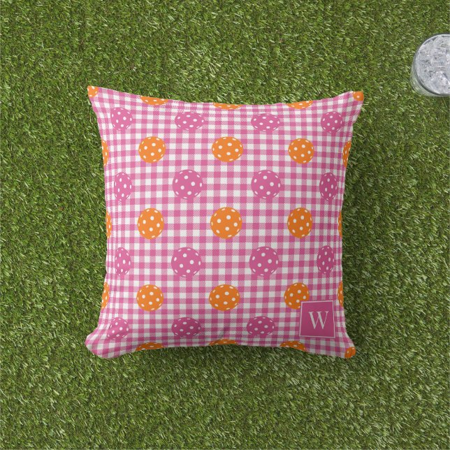 Preppy Pickleball Gingham – Hot Pink & Orange Cushion (Grass)