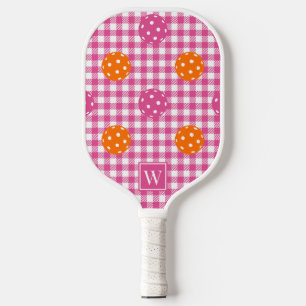 Preppy Pickleball Gingham Hot Pink Orange Monogram Paddle