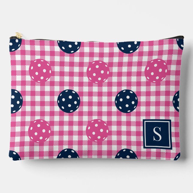 Preppy Pickleball Gingham Navy Hot Pink Monogram Accessory Pouch (Front)