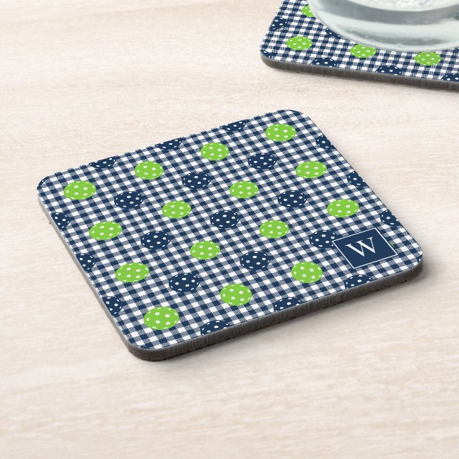 Preppy Pickleball Gingham – Navy & Lime Coaster (Left Side)