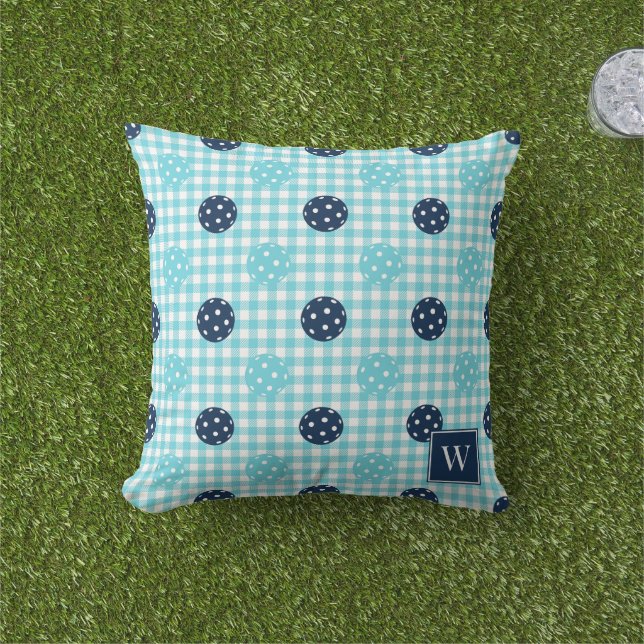 Preppy Pickleball Gingham – Navy & Turquoise Cushion (Grass)