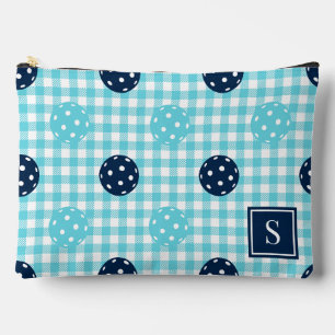 Preppy Pickleball Gingham Navy Turquoise Monogram Accessory Pouch