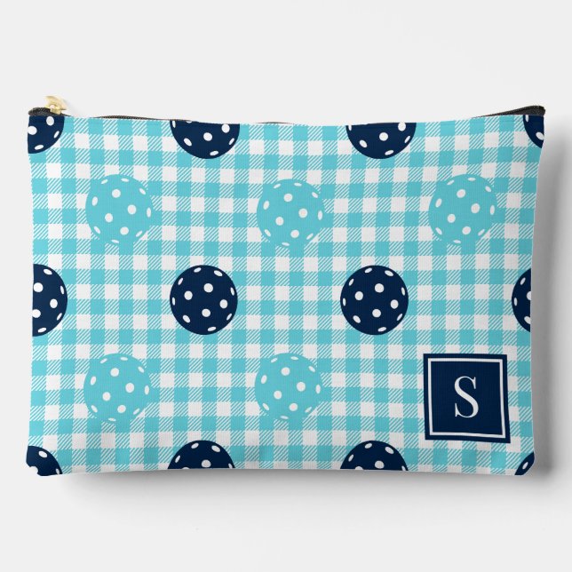 Preppy Pickleball Gingham Navy Turquoise Monogram Accessory Pouch (Front)