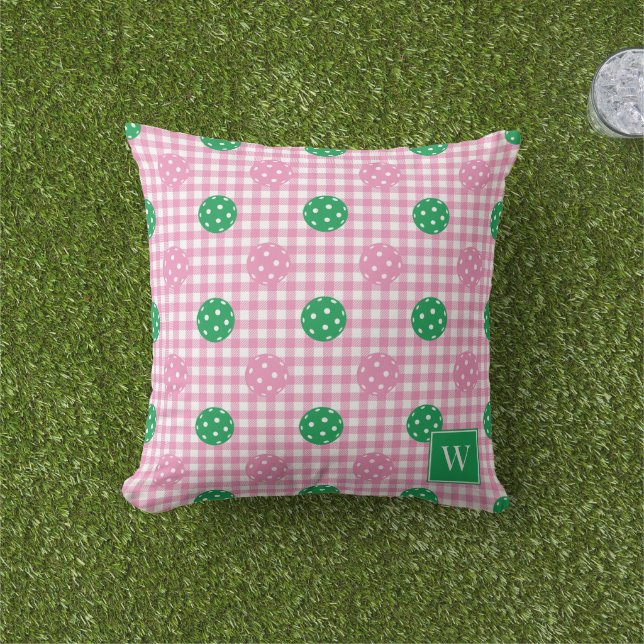 Preppy Pickleball Gingham – Pink & Green Cushion (Grass)