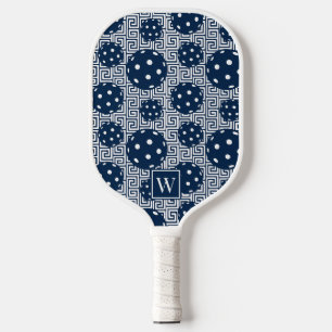 Preppy Pickleball Greek Key - Navy Monogram Paddle