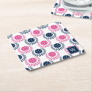 Preppy Pickleball Laurel Wreath –Navy & Hot Pink Square Paper Coaster
