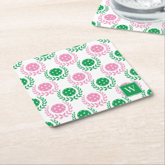 Preppy Pickleball Laurel Wreath – Pink & Green Square Paper Coaster