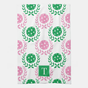 Preppy Pickleball Laurel Wreath - Pink & Green Tea Towel