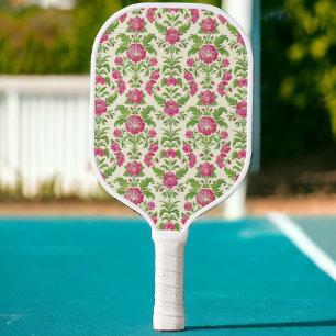 Preppy Pickleball Paddle Pink & Green Damask 
