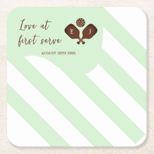 Preppy Pickleball Stripes Wedding Square Paper Coaster