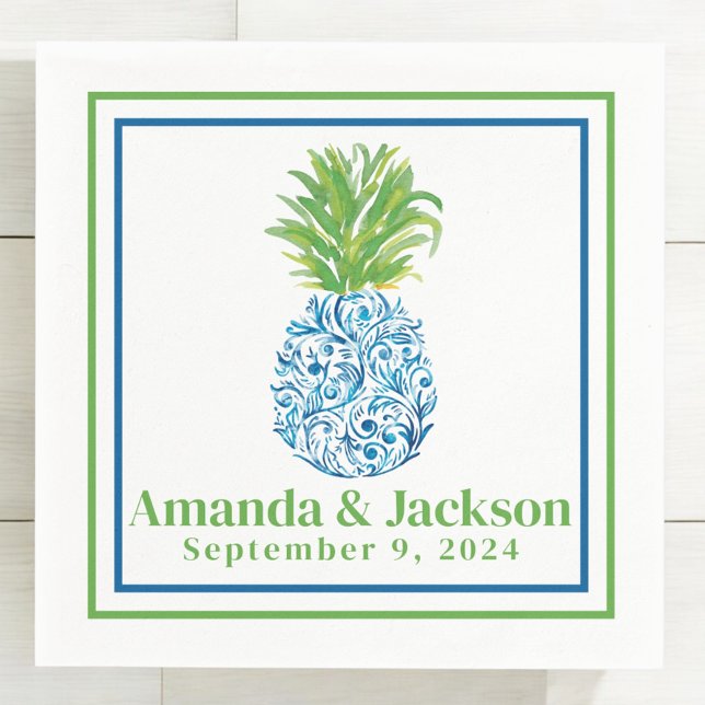 Preppy Pineapple Chinoiserie Border Wedding Napkin (Creator Uploaded)