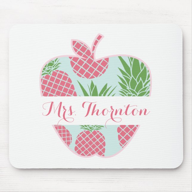 Preppy Pineapple Print Apple Personalised Teacher Mouse Pad (Front)