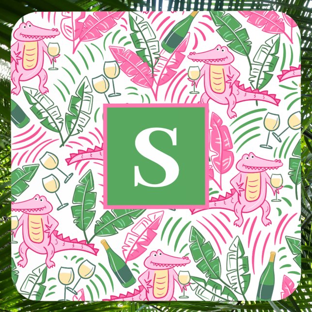 Preppy Pink Alligator Monogram / Wine Palm Leaves Coaster (Creator Uploaded)