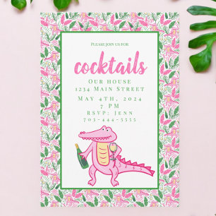 Preppy Pink Alligator Wine Cocktail Party Invitation