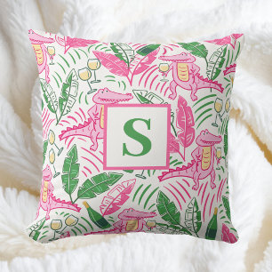 Preppy Pink Alligator & Wine / Monogram Coastal  Cushion