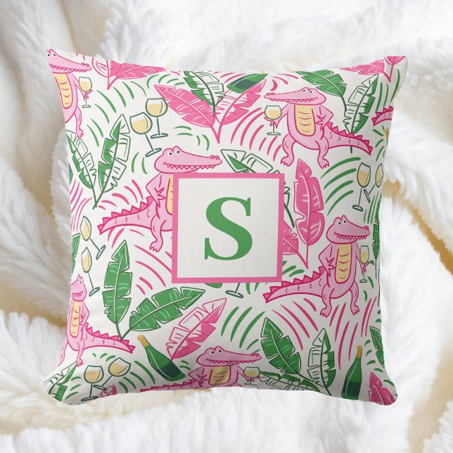 Preppy Pink Alligator & Wine / Monogram Coastal  Cushion (Creator Uploaded)