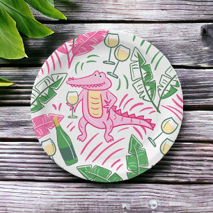 Preppy Pink Alligator Wine Palm Leaves Paper Plate