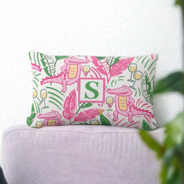 Preppy Pink Alligator & Wine Pattern Monogram Lumbar Cushion (Creator Uploaded)