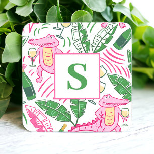 Preppy Pink Alligator Wine Personalised Monogram Square Paper Coaster