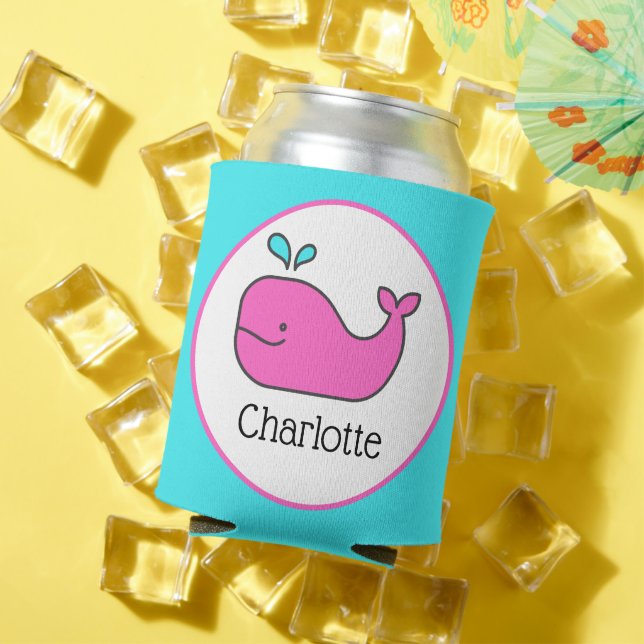 Preppy Pink and Aqua Whale Personalised Can Cooler (In Situ Summer)